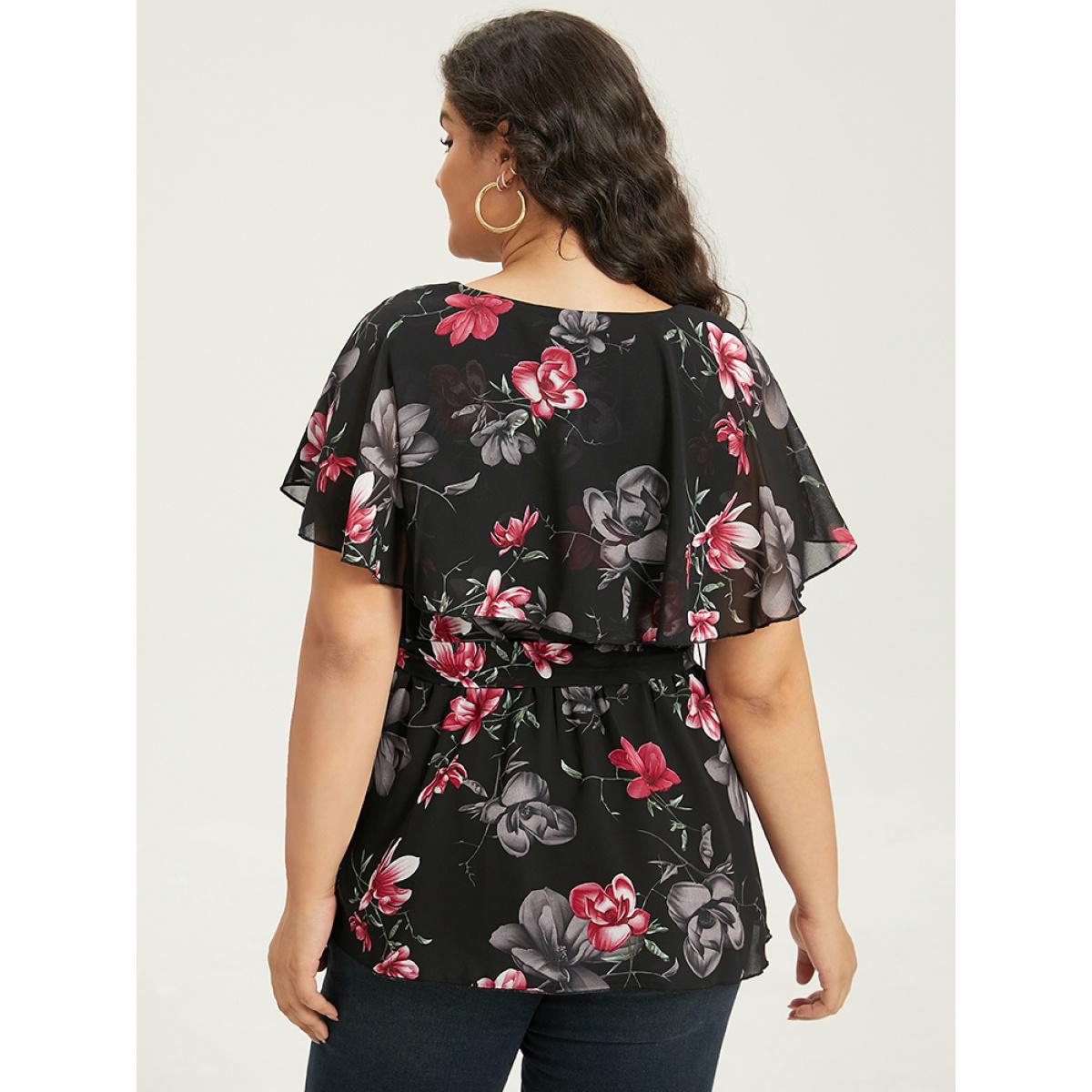 Plus Size Black Floral Split Batwing Sleeve Wrap Mesh Belted Blouse Women Glamour Cap Sleeve Deep V-neck Going out Blouses BloomChic 26/4X Product Image