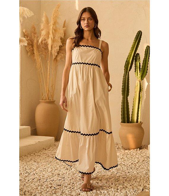 Skies Are Blue Woven Poplin Square Neck Ric Rac Trim Sleeveless Tiered Maxi Dress Product Image