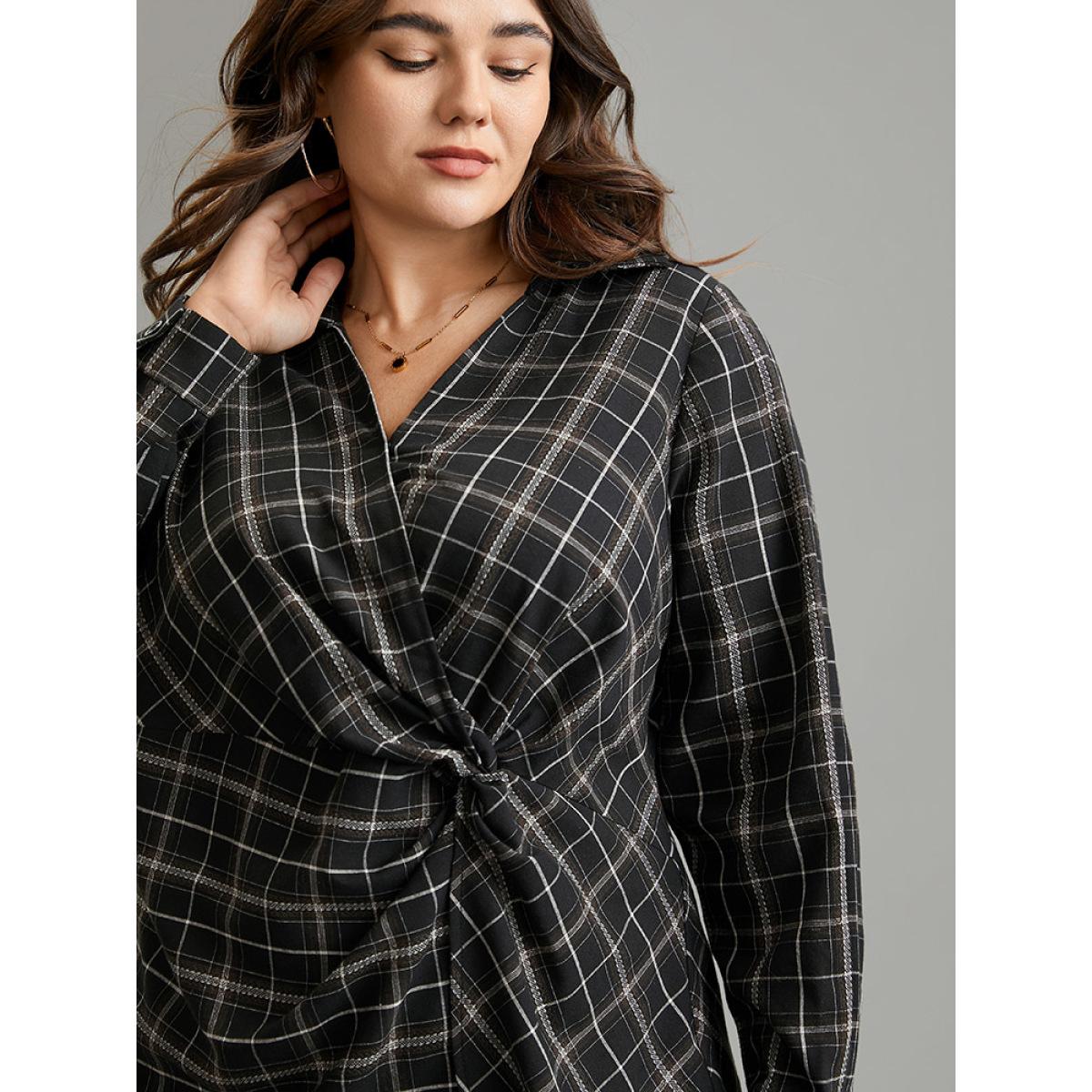 Plus Size Black Plaid Shirt Collar Twist Front Blouse Women Office Long Sleeve Shirt collar Work Blouses BloomChic 12/L Product Image