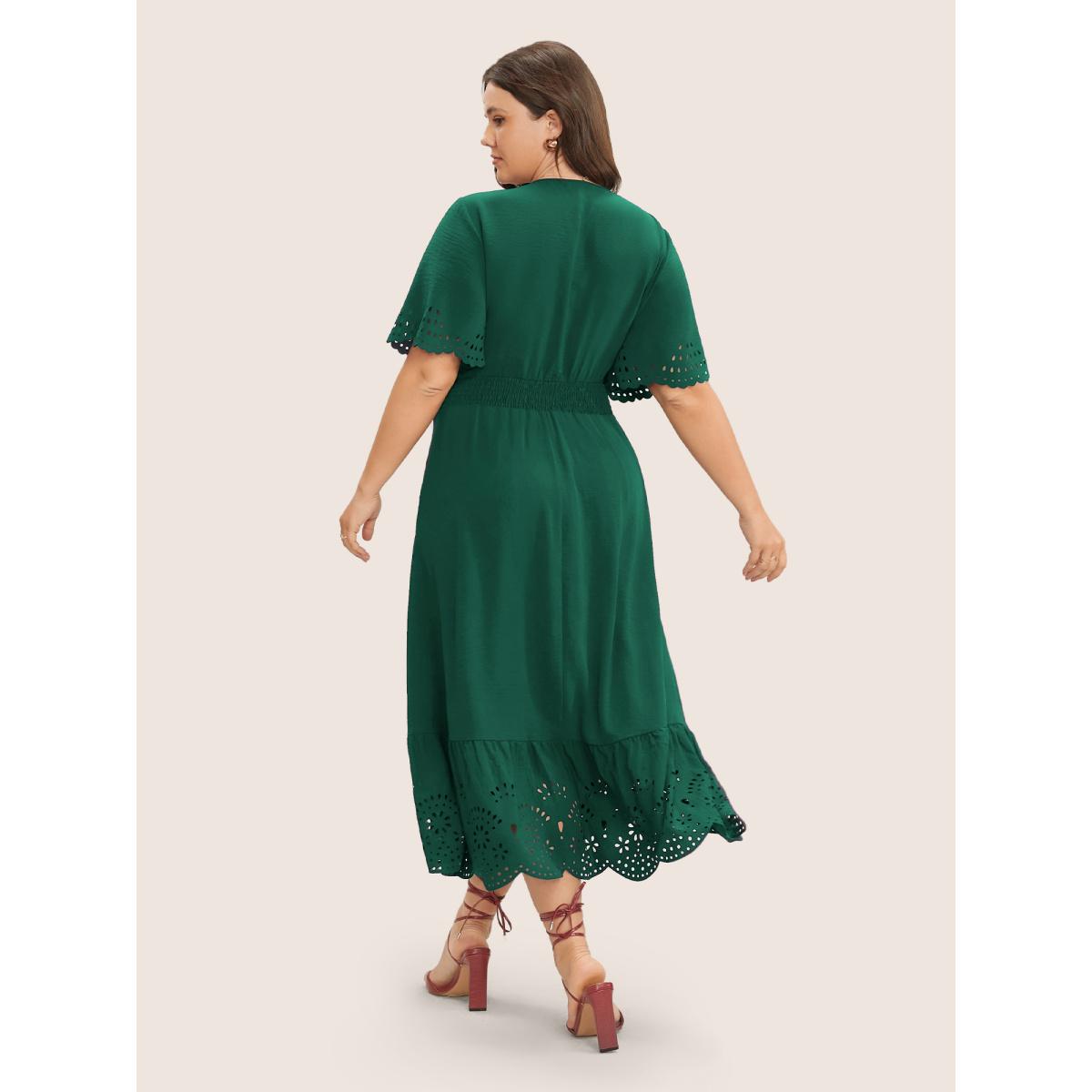 Plus Size Solid Laser Cut Shirred Pocket Wrap Scalloped Trim Flutter Dress Green Women Elegant Non V-neck Short sleeve Curvy Midi Dress BloomChic 30/6X Product Image