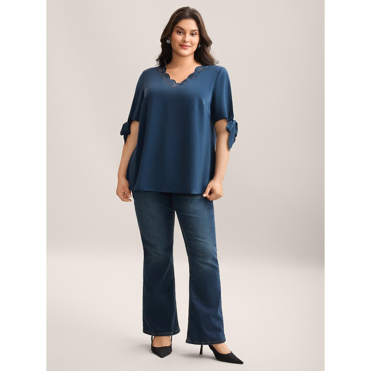 Plus Size Aegean Laser Cut Neckline Knotted Sleeve Blouse Women Short sleeve V-neck Work Blouses BloomChic 22-24/3X Product Image