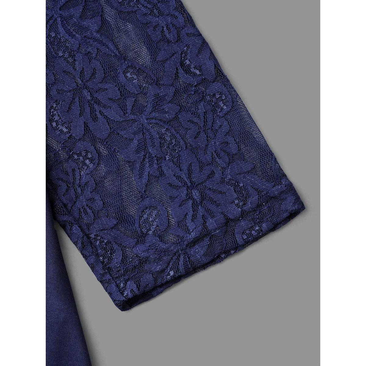 Plus Size Asymmetrical Neck Lace Patchwork Mesh Dress Navy Women Cocktail Woven ribbon&lace trim Party Curvy Bloomchic 12/L Product Image