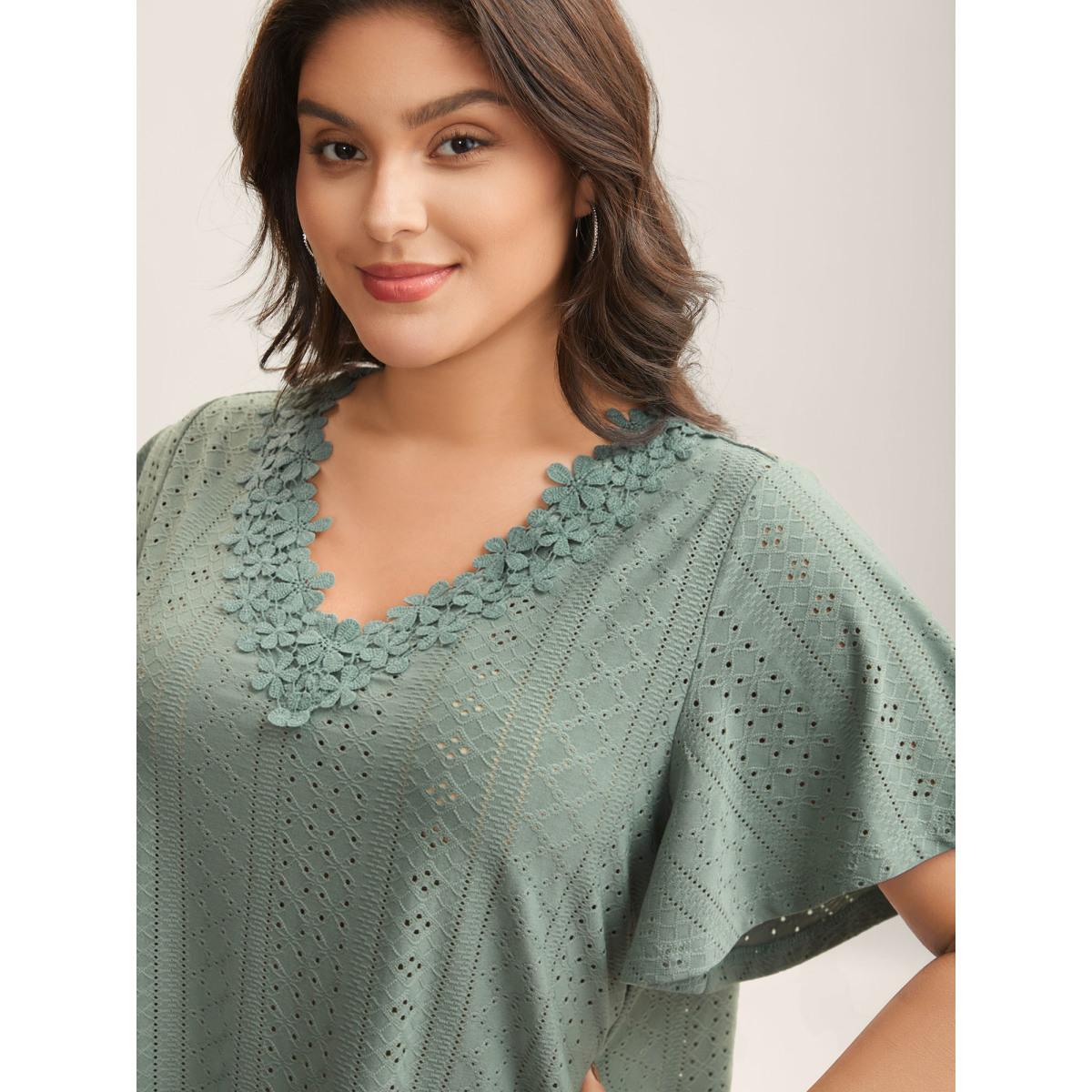 Plus Size Textured Eyelet Stretchy V-Neck T-Shirt Sage Women Woven ribbon&lace trim V-neck Everyday-Elegant T-shirts BloomChic 14-16/1X Product Image