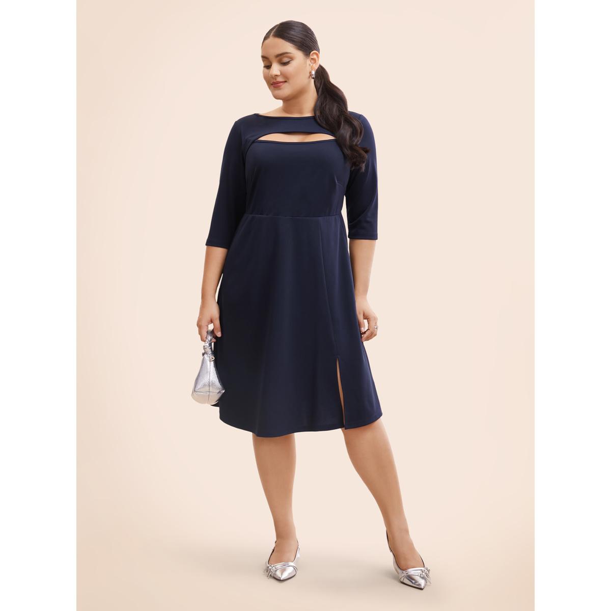 Plus Size Solid Cut Out Split Hem Dress Navy Women At the Office Cut-Out Boat Neck Elbow-length sleeve Curvy BloomChic 30/6X Product Image
