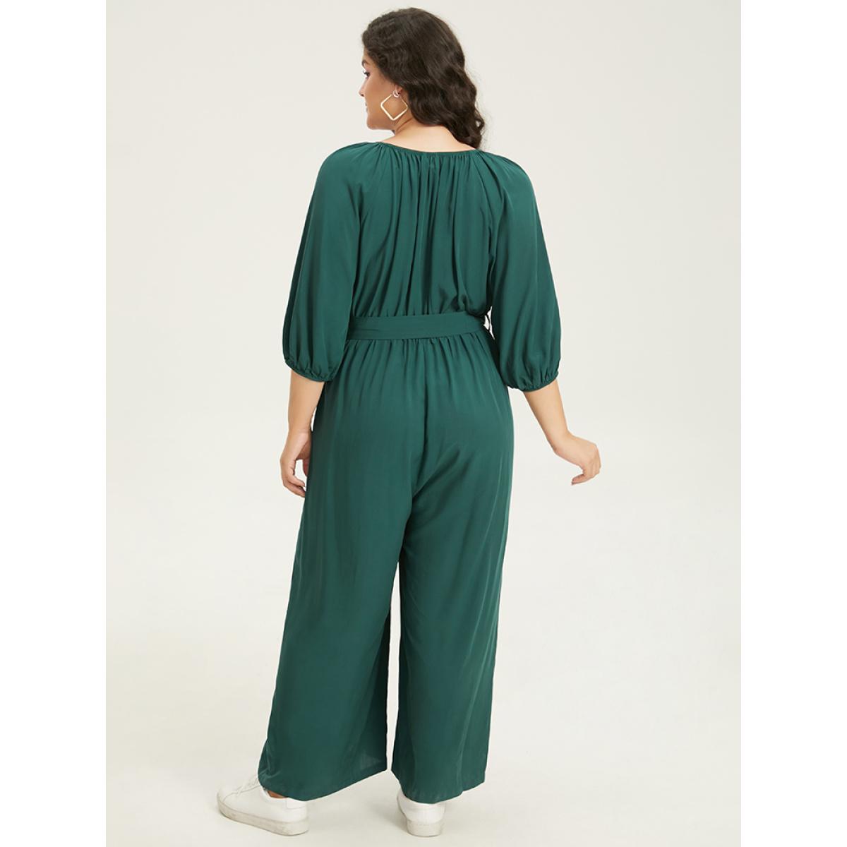 Plus Size Cyan Plain Notched Belted Gathered Lantern Sleeve Jumpsuit Women Casual Elbow-length sleeve Notched collar Dailywear Loose Jumpsuits BloomChic 28/5X Product Image