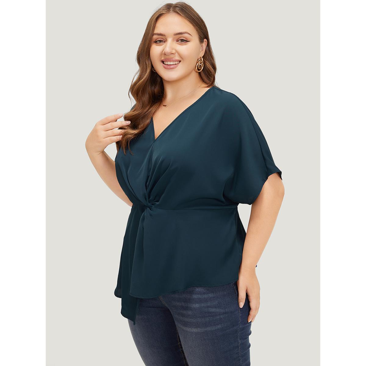 Plus Size Indigo Plain Twist Front Dolman Sleeve Asymmetrical Hem Blouse Women Office Short sleeve V-neck Dailywear Blouses BloomChic 26/4X Product Image