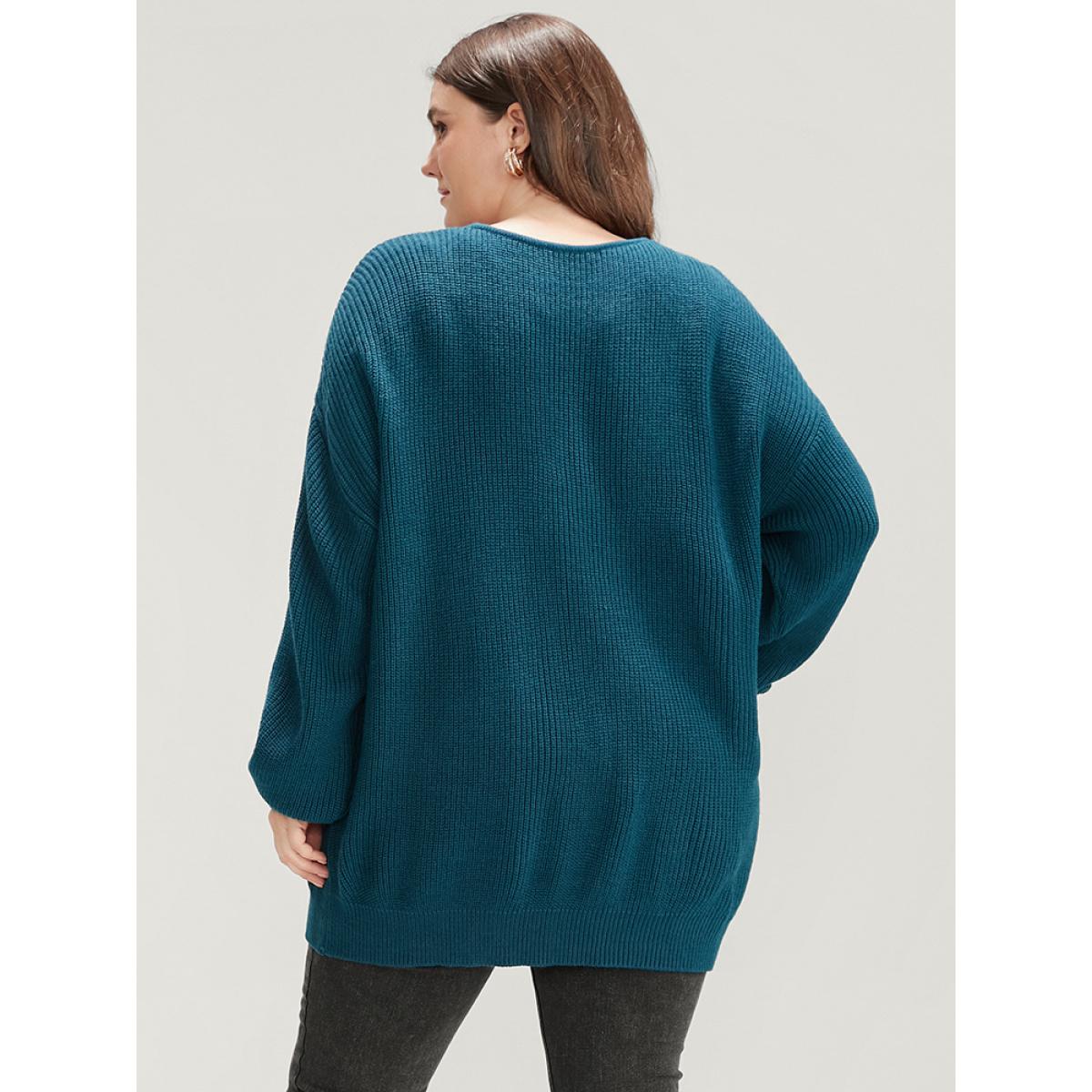 Plus Size Solid Pointelle Knit Lace Up Deep V Neck Knit Top Aegean Women Elegant Loose Long Sleeve Deep V-neck Dailywear Pullovers BloomChic 22-24/3X Product Image