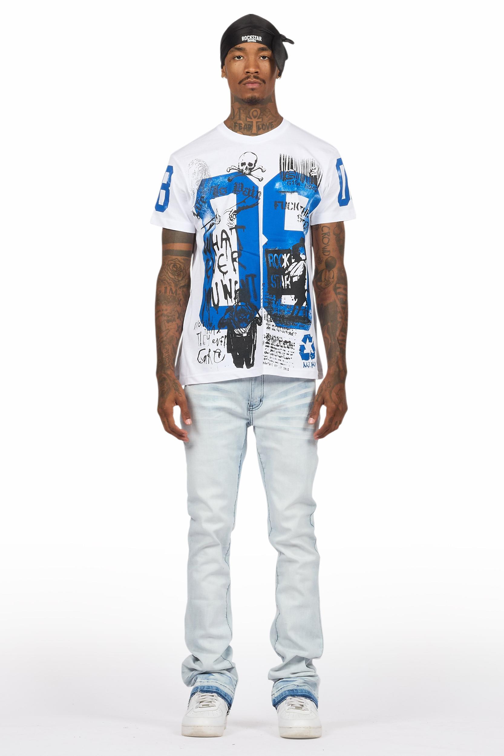 Grill White/Blue Oversized Graphic T-Shirt/Dag Stacked Flare Jean Set Male Product Image
