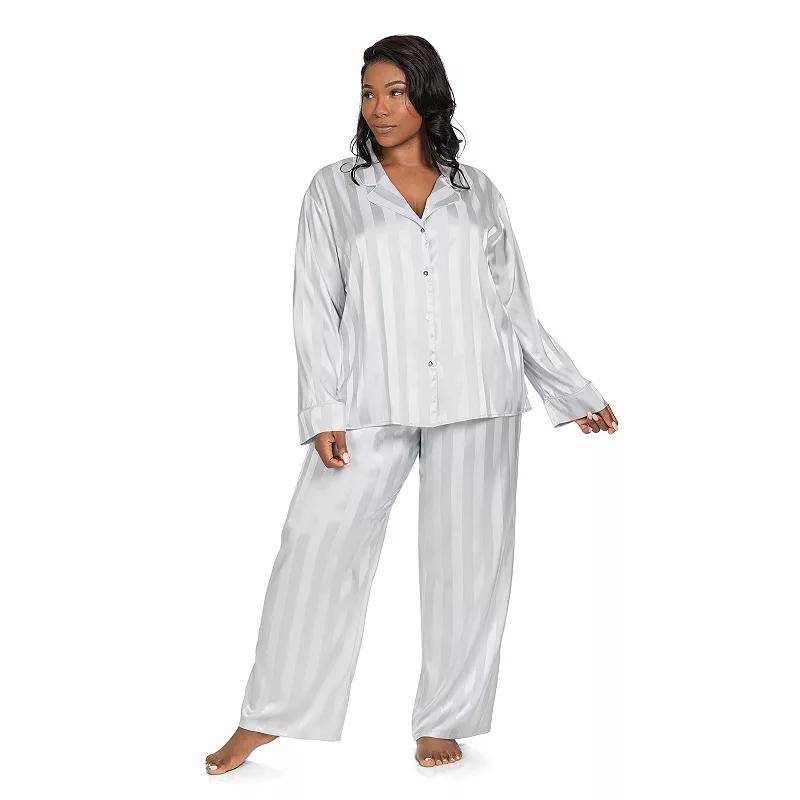Plus Size Lilac+London Satin Notch Collar Pajama Top & Pajama Bottoms Set, Women's, Size: 1XL, Black Product Image