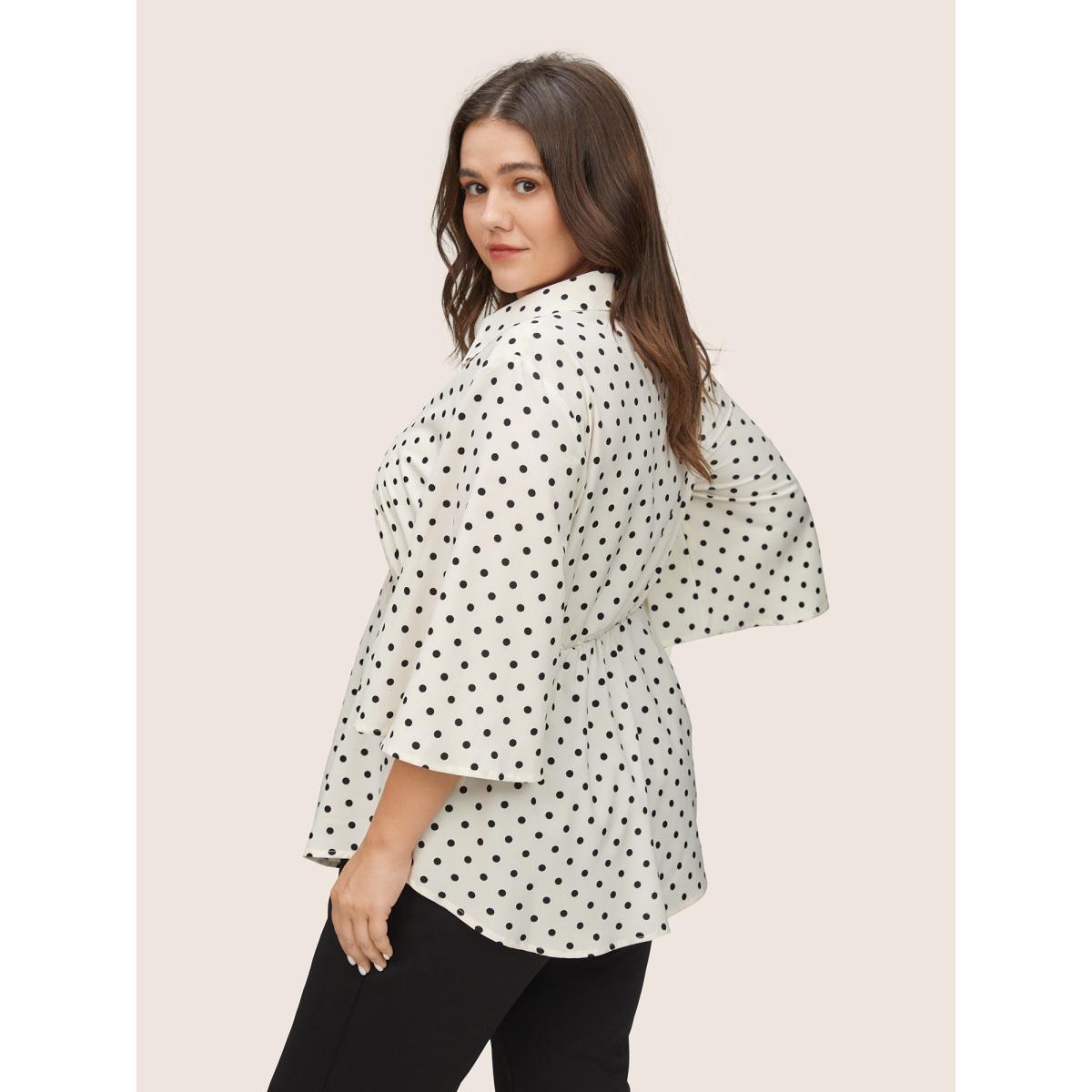 Plus Size Ivory Polka Dot Button Detail Arc Hem Blouse Women At the Office Elbow-length sleeve Shirt collar Work Blouses BloomChic 18-20/2X Product Image