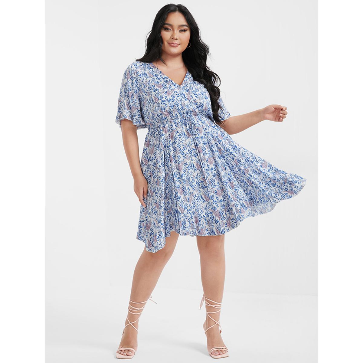 Plus Size Ditsy Floral Ties Asymmetrical Ruffled V Neck Dress LightBlue Women Elegant Cross straps V-neck Short sleeve Curvy Knee Dress BloomChic 26/4X Product Image