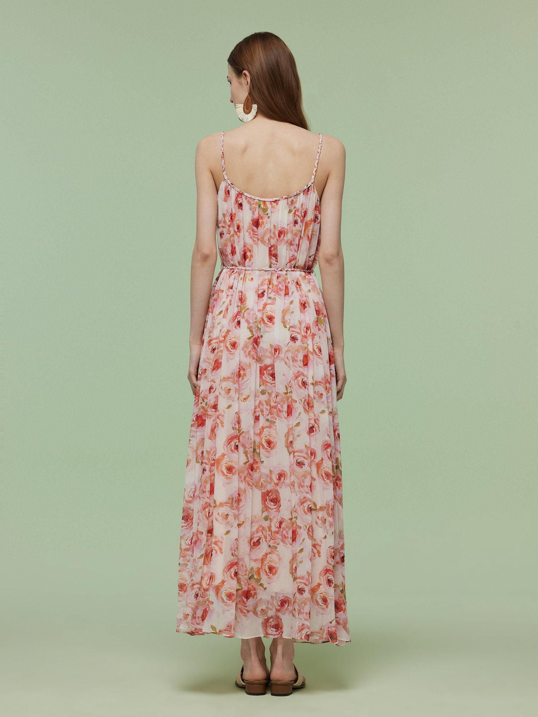 10MM Mulberry Silk Rose Print Women Strap Maxi Dress Product Image