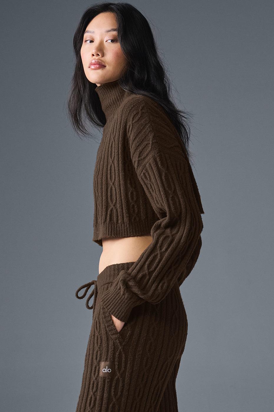 Cable Knit Cropped Winter Bliss Turtleneck Long Sleeve - Espresso Female Product Image