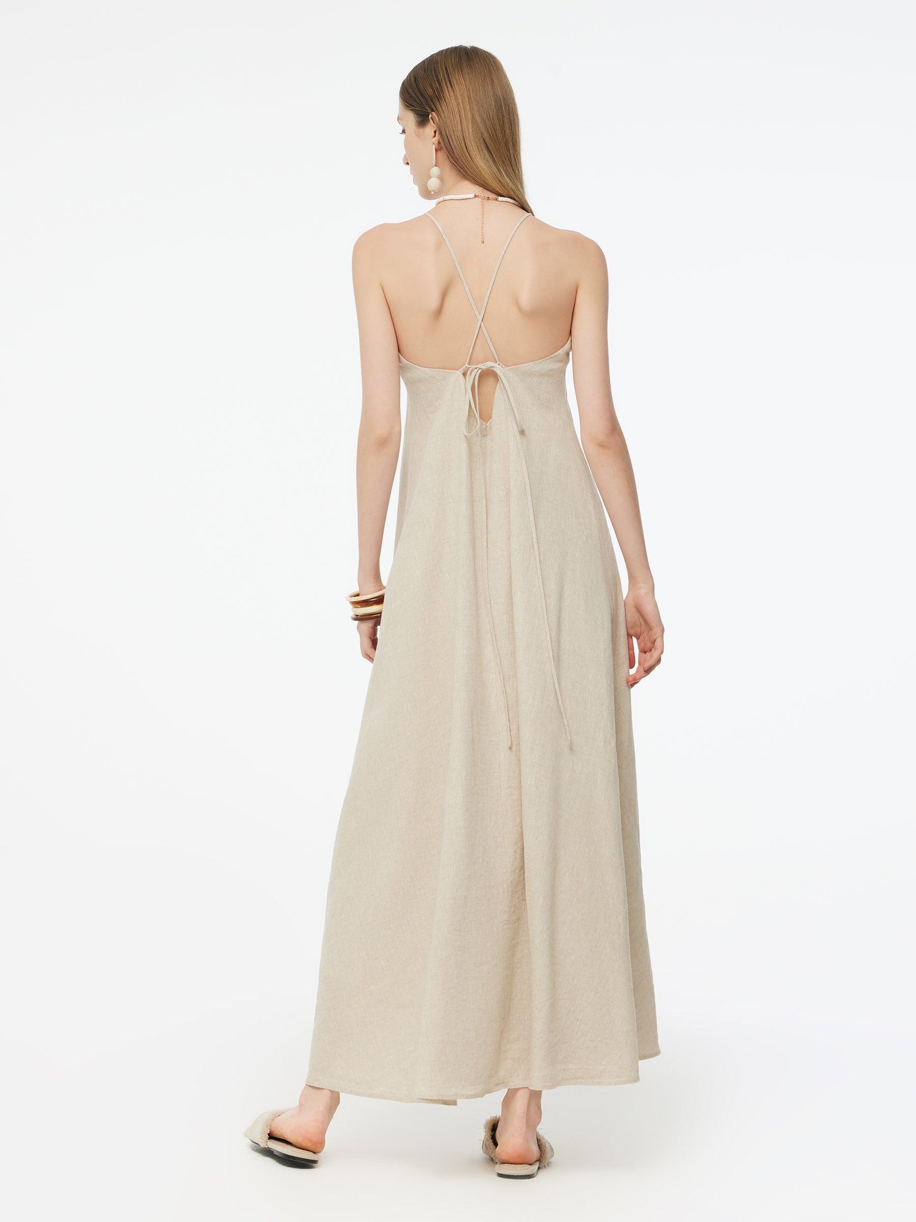 100% Linen Women Backless Strap Maxi Dress Product Image