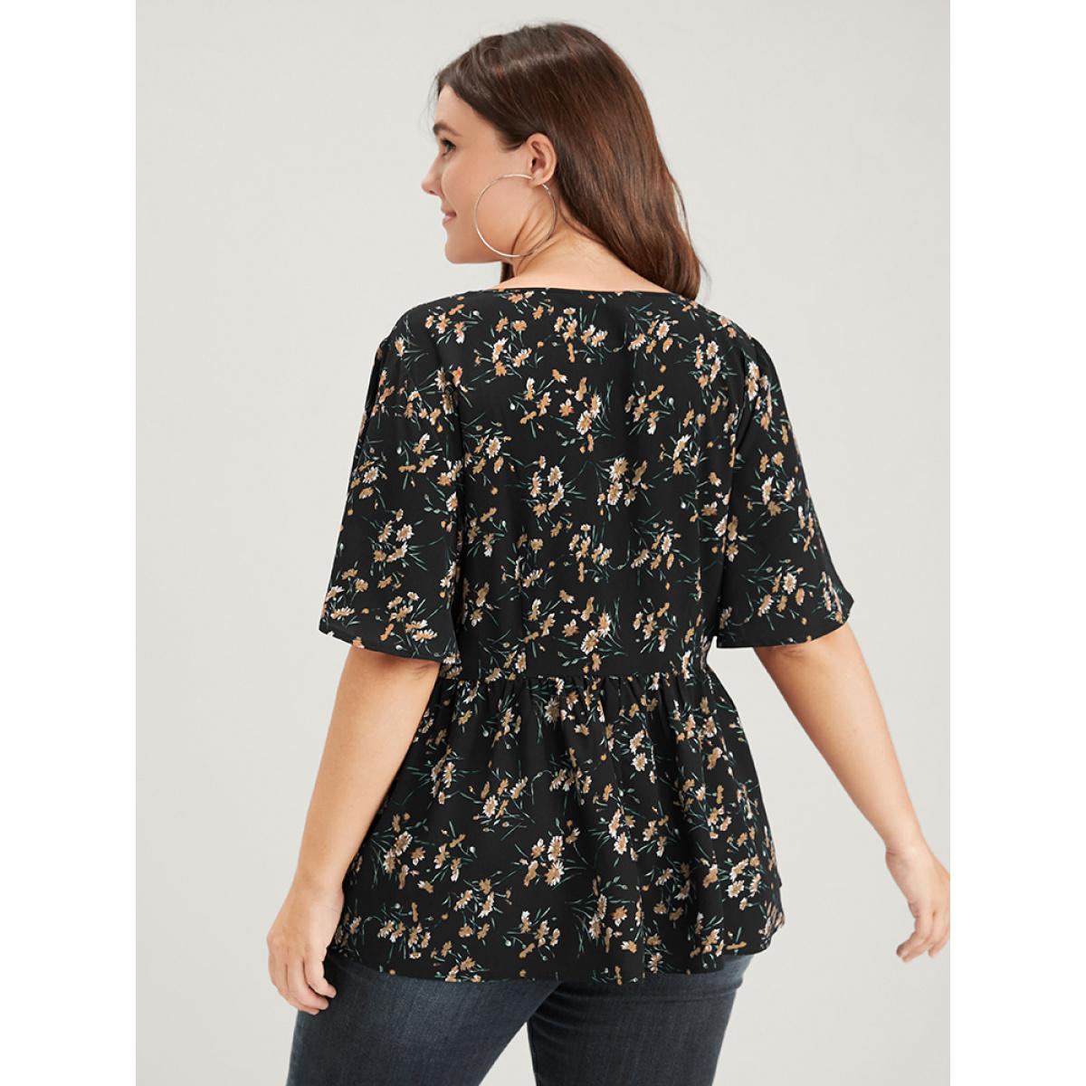 Plus Size Black Floral Elastic Waist V Neck Button Ruffles Blouse Women Elegant Half Sleeve V-neck Dailywear Blouses BloomChic 14-16/1X Product Image