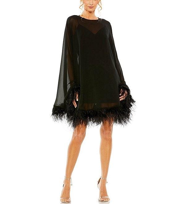 Mac Duggal Crew Neck Long Sleeve Feather Trim Cape Overlay Mini Dress Product Image