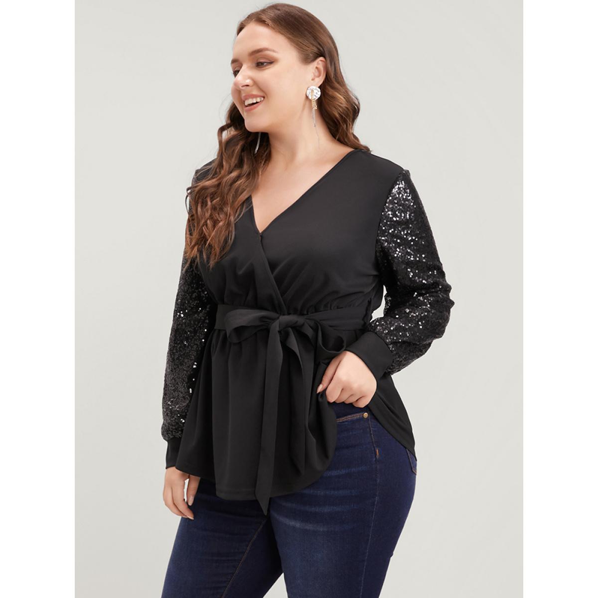 Plus Size Black Solid Sequin Belted Surplice Neck Blouse Women Party Long Sleeve V-neck Going out Blouses BloomChic 10/M Product Image