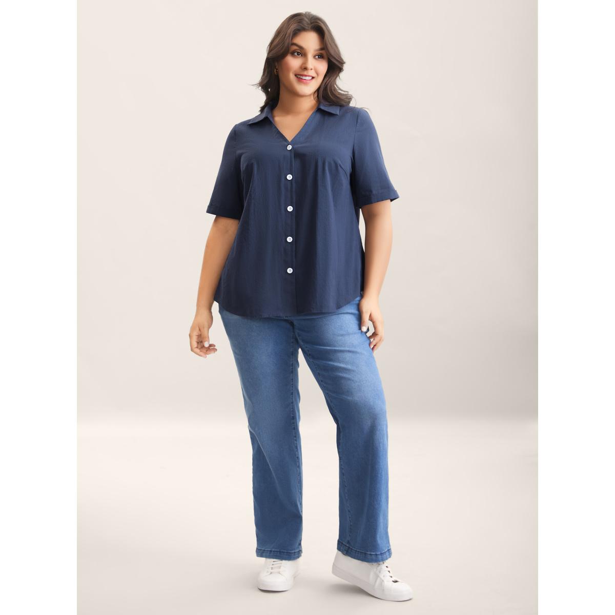 Plus Size Indigo Cotton Collar Button Placket Blouse Women Leisure Half Sleeve Shirt collar Casual Blouses BloomChic 18-20/2X Product Image
