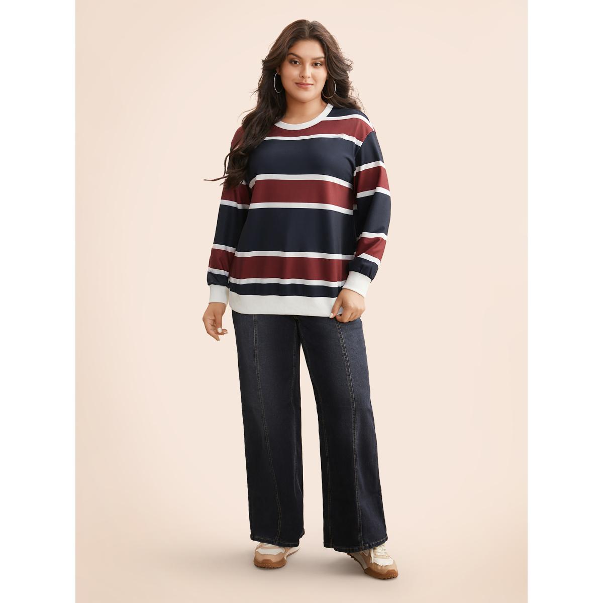 Plus Size Contrast Striped Drop Shoulder Sweatshirt Women Multicolor Casual Contrast Round Neck Everyday Sweatshirts BloomChic 14-16/1X Product Image