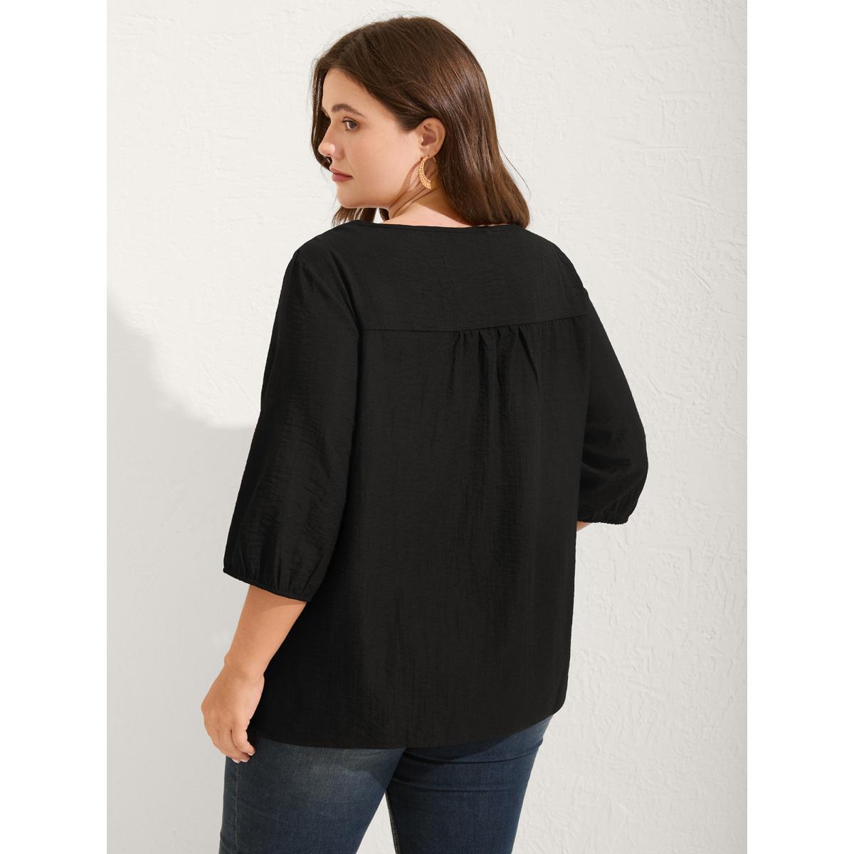Plus Size Black Floral Embroidered Tie Knot Lantern Sleeve Blouse Women Boho Elbow-length sleeve V-neck Vacation Blouses BloomChic 12/L Product Image