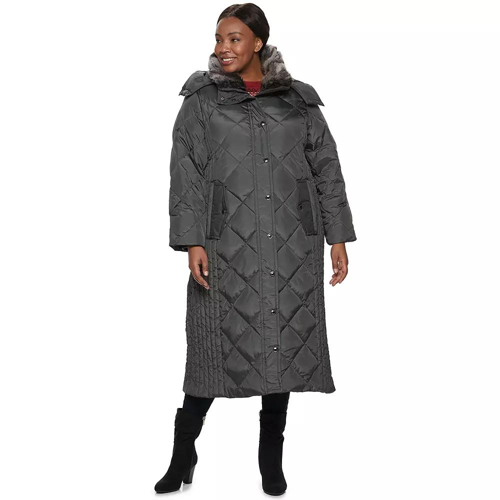 Plus Size TOWER by London Fog Hooded Quilted Puffer Maxi Coat, Women's, Size: 3XL, Grey Product Image