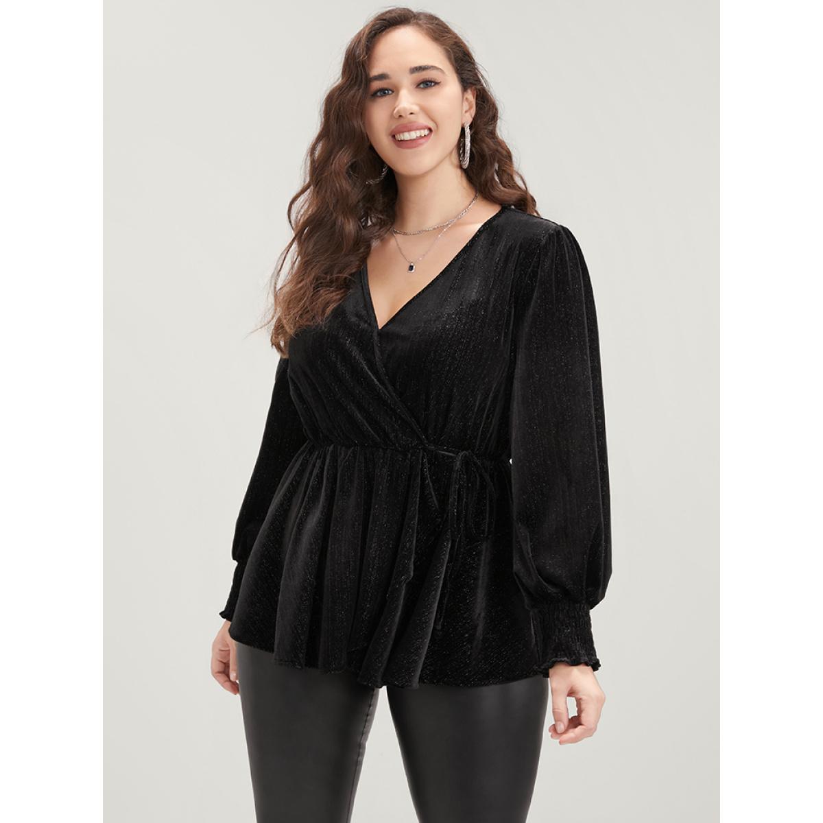 Plus Size Black Solid Shirred Lantern Sleeve Ties Up Velvet Wrap Blouse Women Party Long Sleeve V-neck Going out Blouses BloomChic 26/4X Product Image