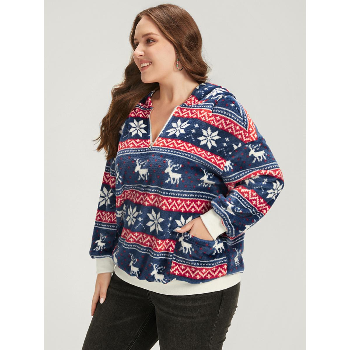 Plus Size Snowflake & Elk Print Zipper Pocket Sweatshirt Women DarkBlue Casual Zipper Hooded Dailywear Sweatshirts BloomChic 18-20/2X Product Image