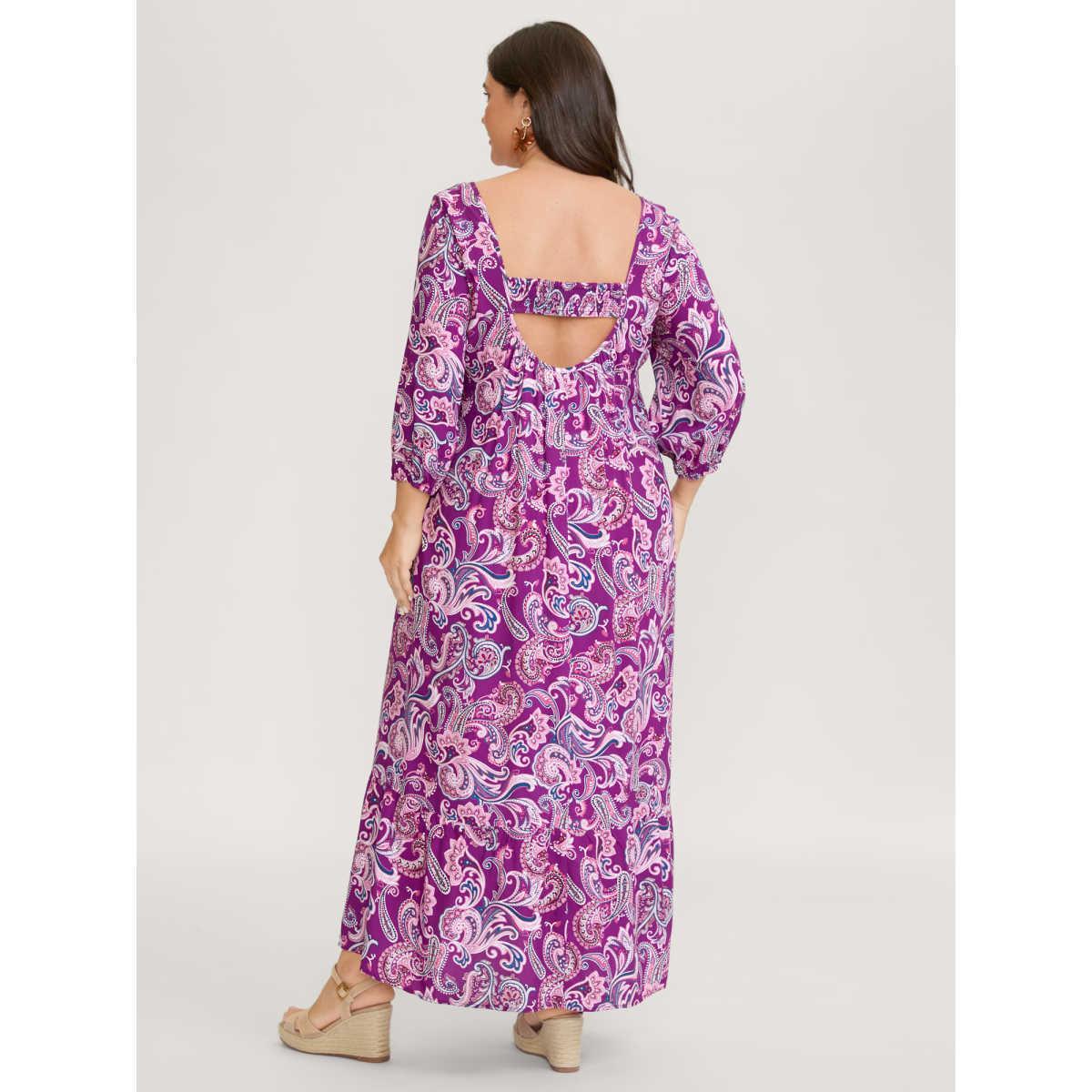 Plus Size Paisley Rayon Back Cut-Out Maxi Dress RedViolet Women Boho V-neck Elbow-length sleeve Curvy BloomChic 26/4X Product Image