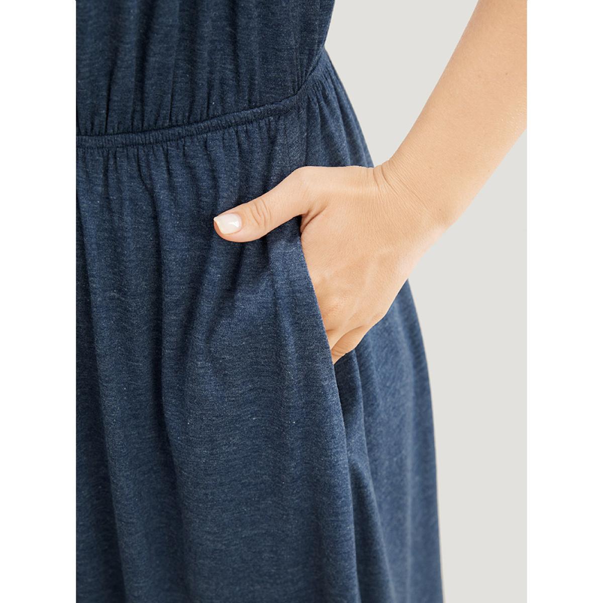 Plus Size Plain Gathered Pocket Round Neck Ruffle Sleeve Dress DarkBlue Women Office Gathered Round Neck Short sleeve Curvy Midi Dress BloomChic 18-20/2X Product Image