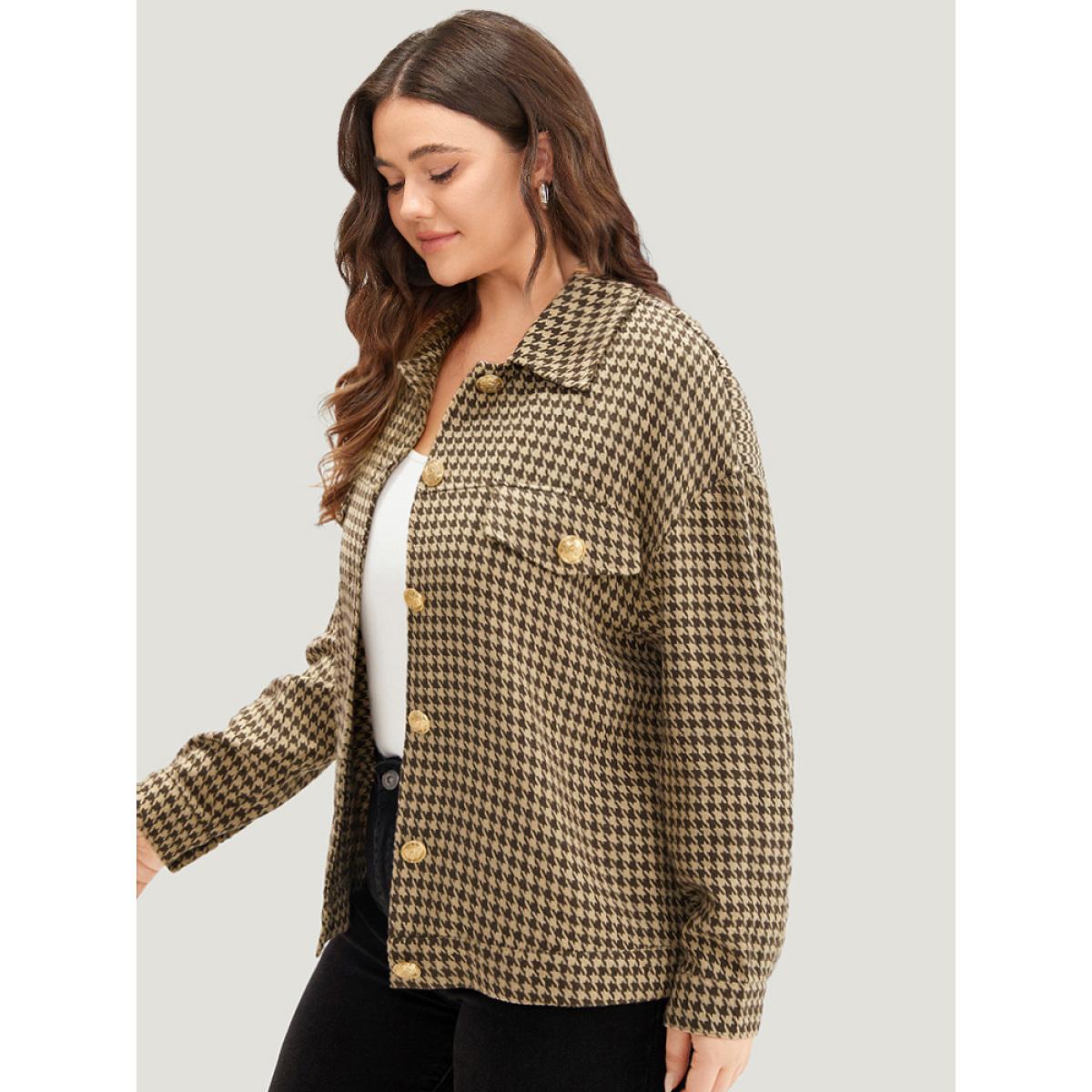 Plus Size Houndstooth Pocket Metal Detail Jacket Women Tan Texture Dailywear Jackets BloomChic 22-24/3X Product Image