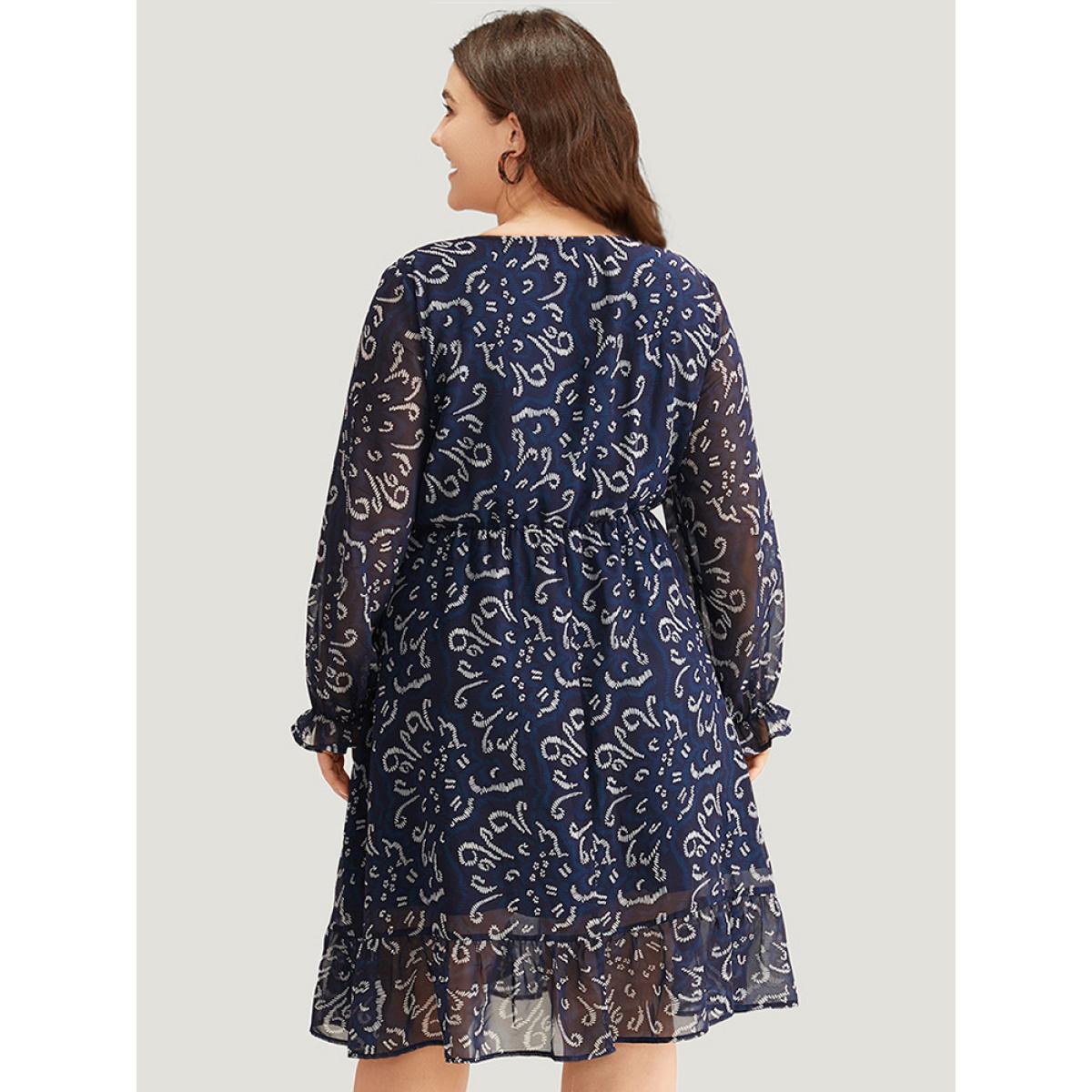 Plus Size Geometric Pocket Ruched Mesh Dress Cerulean Women Office Gathered V-neck Long Sleeve Curvy Midi Dress BloomChic 28/5X Product Image