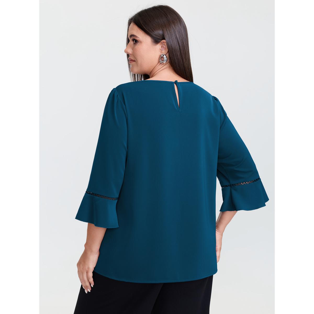 Plus Size Emerald Pleated Lace Trim Sleeve Flowy Blouse Women Office Long Sleeve Round Neck Office Blouses BloomChic 26/4X Product Image