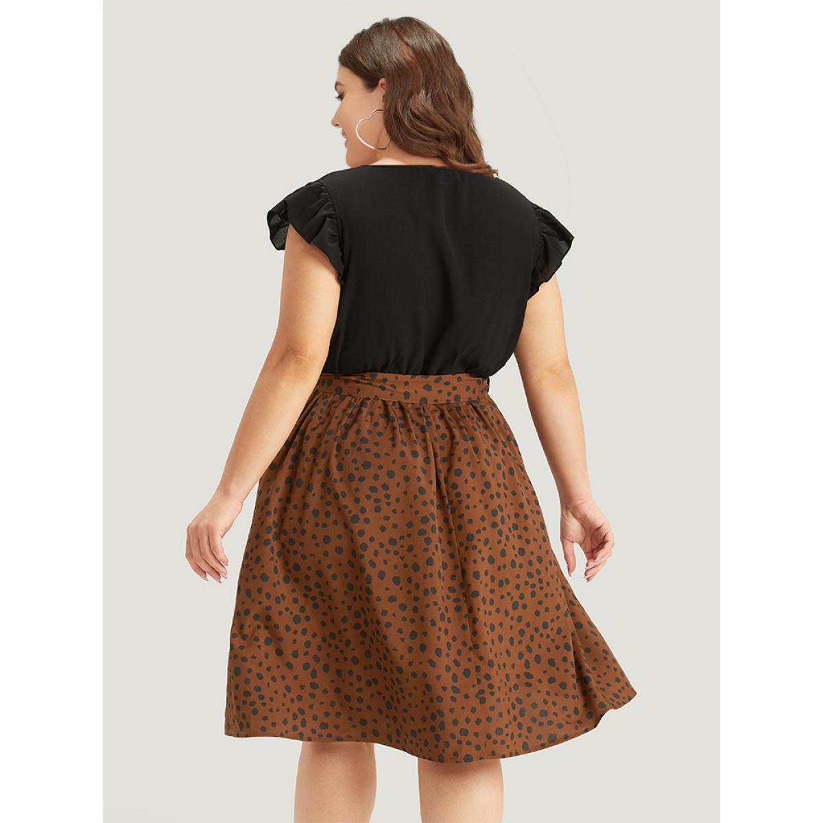 Plus Size Leopard Patchwork Pocket Belt Ruffle Dress DarkBrown Women Elegant Belted V-neck Cap Sleeve Curvy Knee Dress BloomChic 18-20/2X Product Image