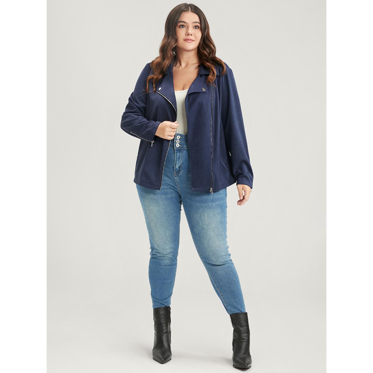 Plus Size Solid Lapel Collar Pocket Zip Up Coat Women Indigo Casual Zipper Ladies Dailywear Winter Coats BloomChic 14-16/1X Product Image