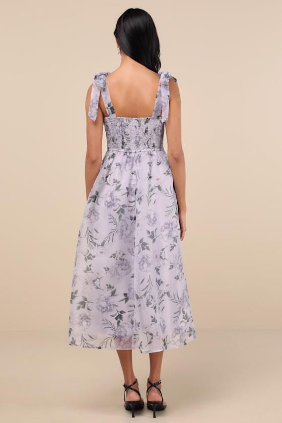 Prettiest Invite Lavender Floral Organza Tie-Strap Midi Dress Product Image