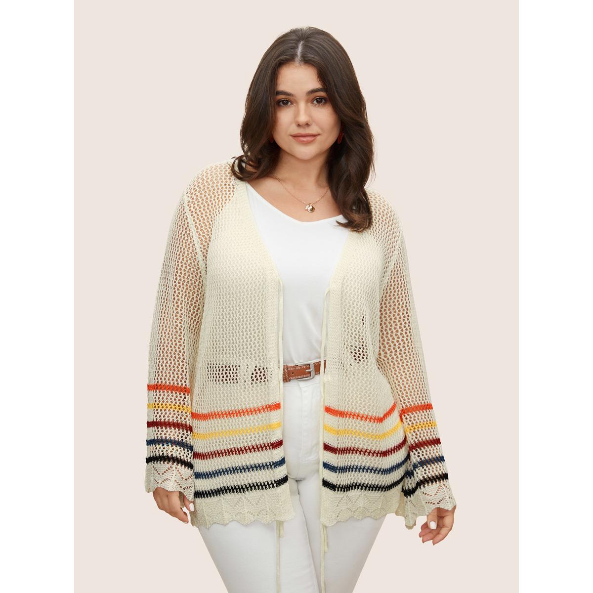 Plus Size Colored Striped Cut Out Tie Knot Coat Women Originalwhite Casual Tie knot Loose Ladies Everyday Winter Coats BloomChic 28/5X Product Image