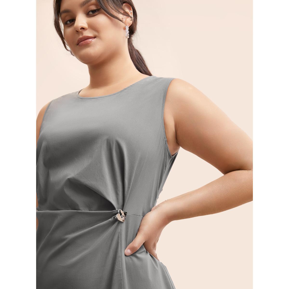 Plus Size Stretch Woven Crushed Pleated Midi Dress DimGray Women Workwear Essentials Twist Round Neck Sleeveless Curvy BloomChic 10/M Product Image