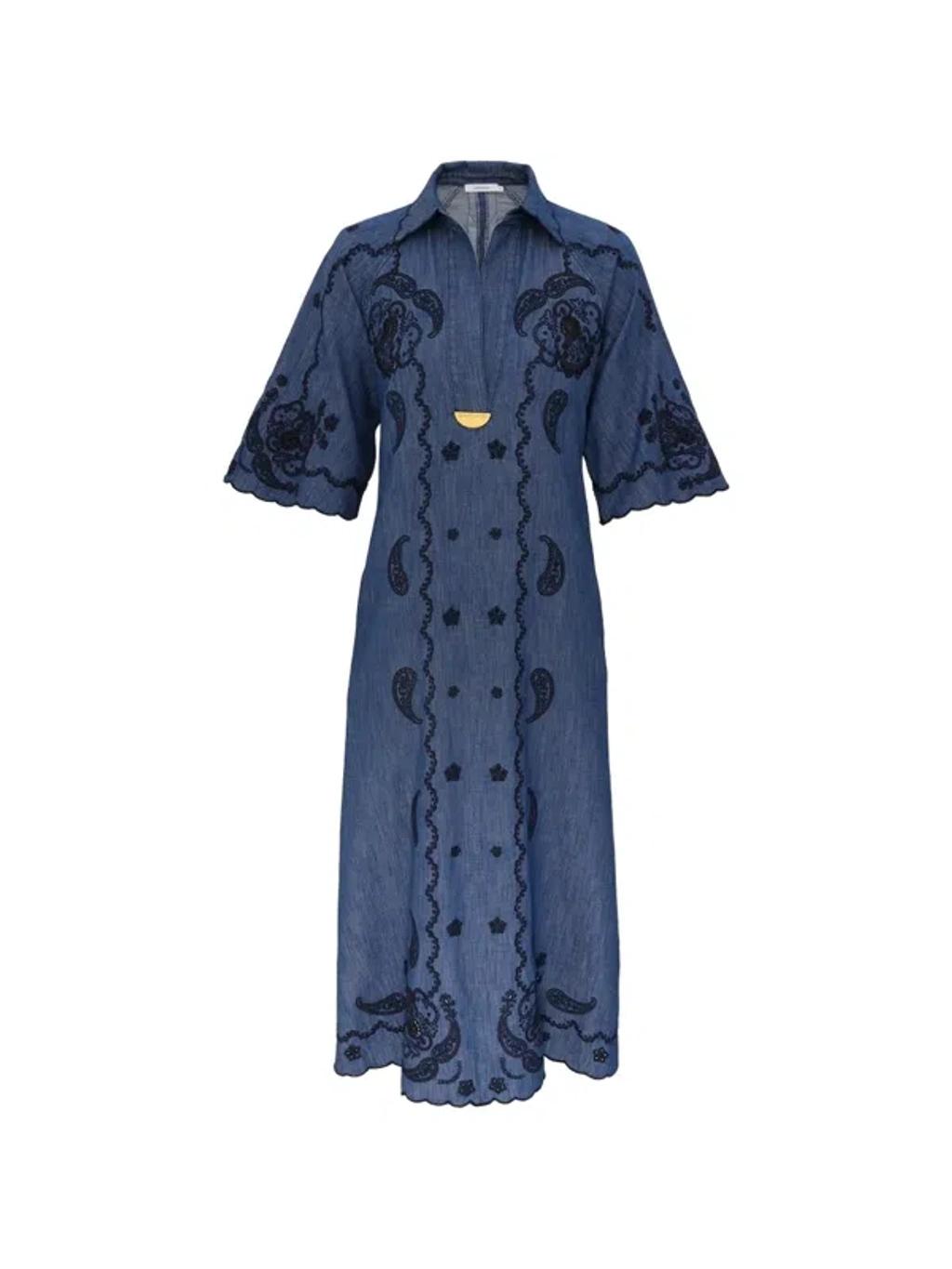 ZIMMERMANN Womens Railway Blue Aster Embroidered Denim Midi Dress Xs Product Image