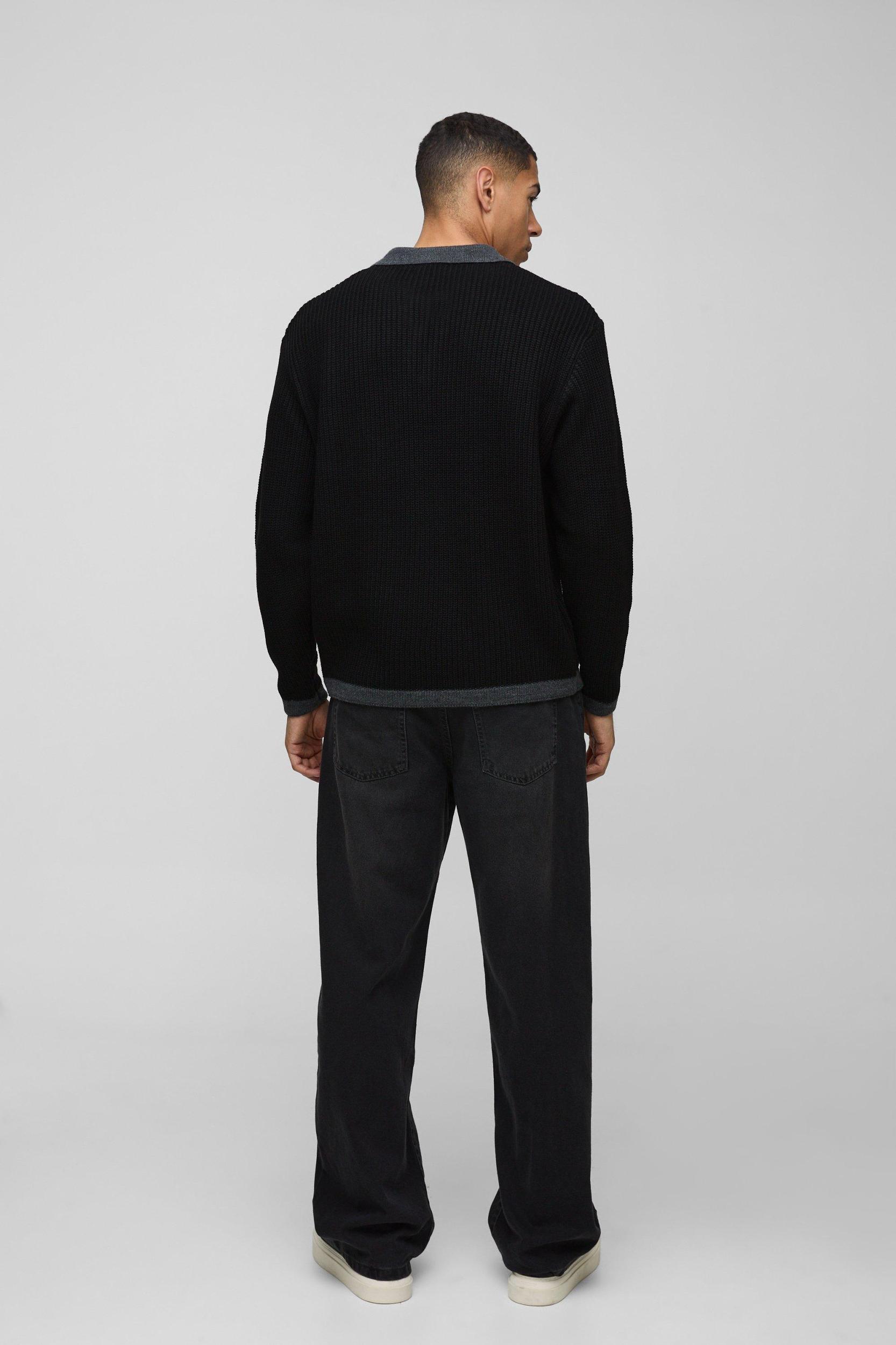 Oversized Boxy Knitted Revere Contrast Polo | boohooMAN USA Product Image