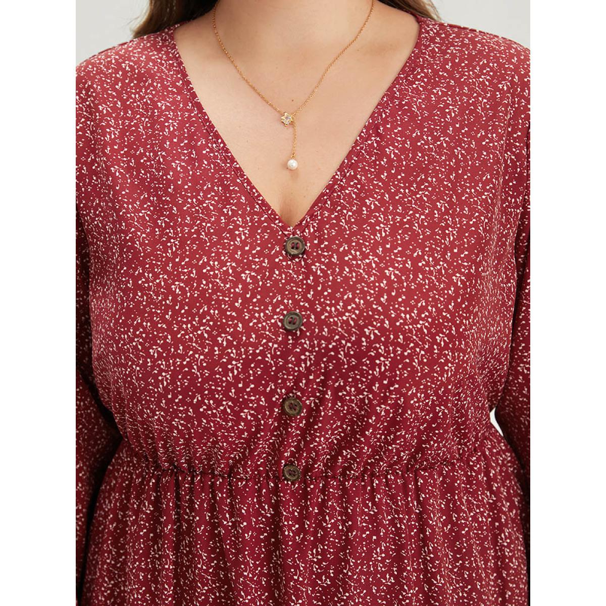 Plus Size Ditsy Floral V Neck Lantern Sleeve Ruffle Layered Hem Dress Scarlet Women Elegant Elastic cuffs V-neck Long Sleeve Curvy Midi Dress BloomChic 10/M Product Image