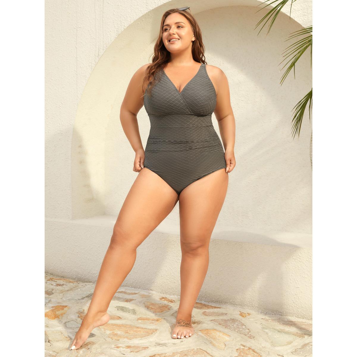 Plus Size Textured Surplice One-Piece Swimsuit Women's Swimwear DimGray Beach Texture Curve Bathing Suits High stretch One Pieces BloomChic 22-24/3X Product Image