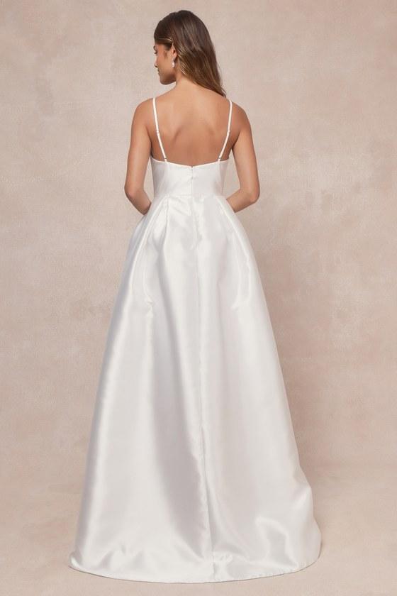 Dreamy Forever White Taffeta Rosette Maxi Dress with Pockets Product Image