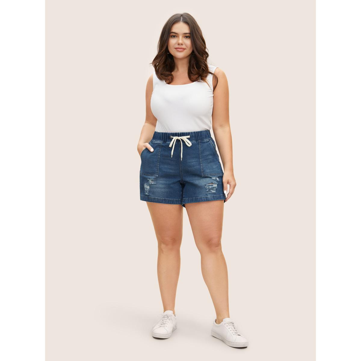 Plus Size Dark Wash Drawstring Distressed Patch Pocket Denim Shorts Women Darkindigo Distressed Medium stretch Everyday Patch pocket Casual Denim Shorts BloomChic 24/3X Product Image