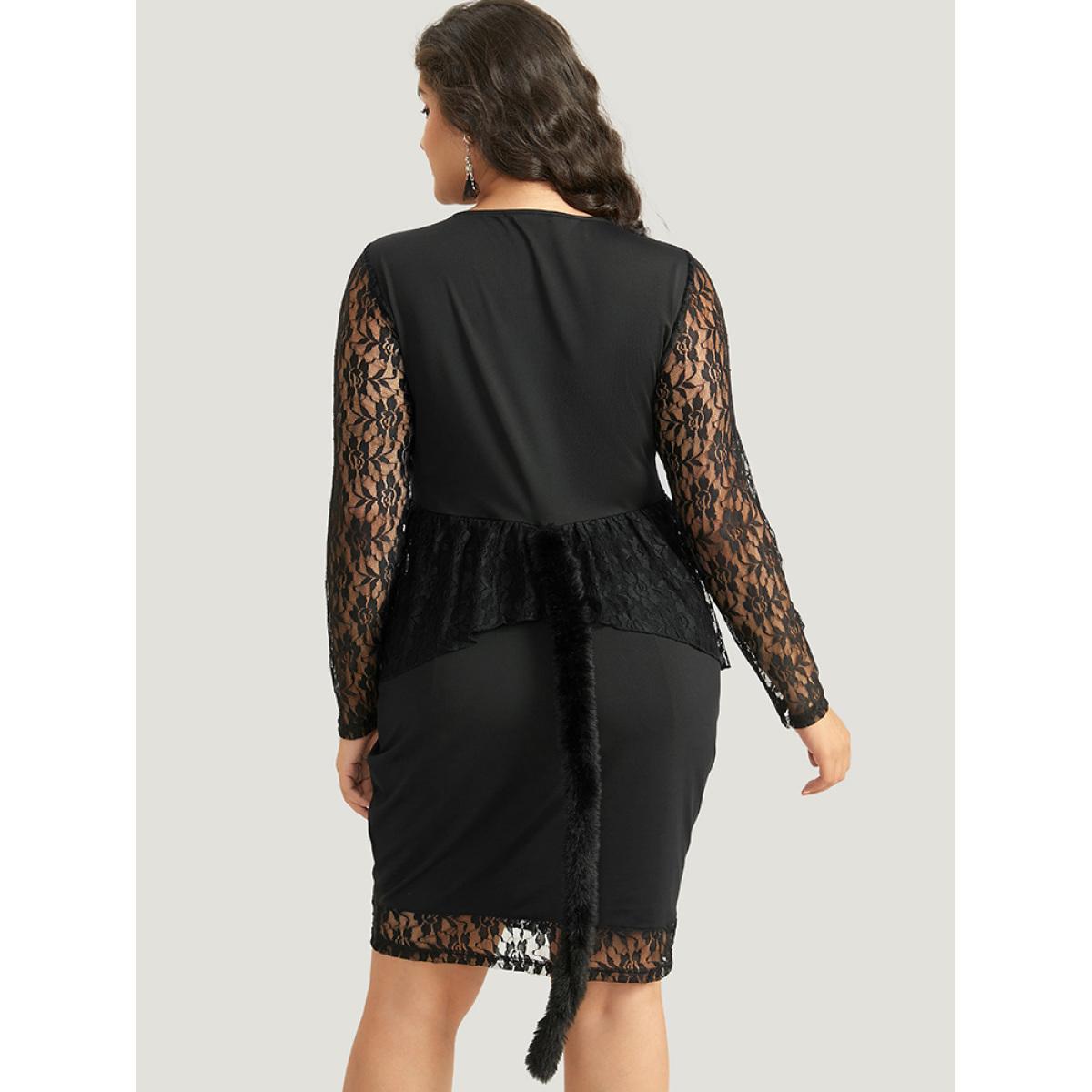 Plus Size Halloween Guipure Lace Zipper Fly Layered Dress Black Women Elegant See through V-neck Long Sleeve Curvy Knee Dress BloomChic 14-16/1X Product Image