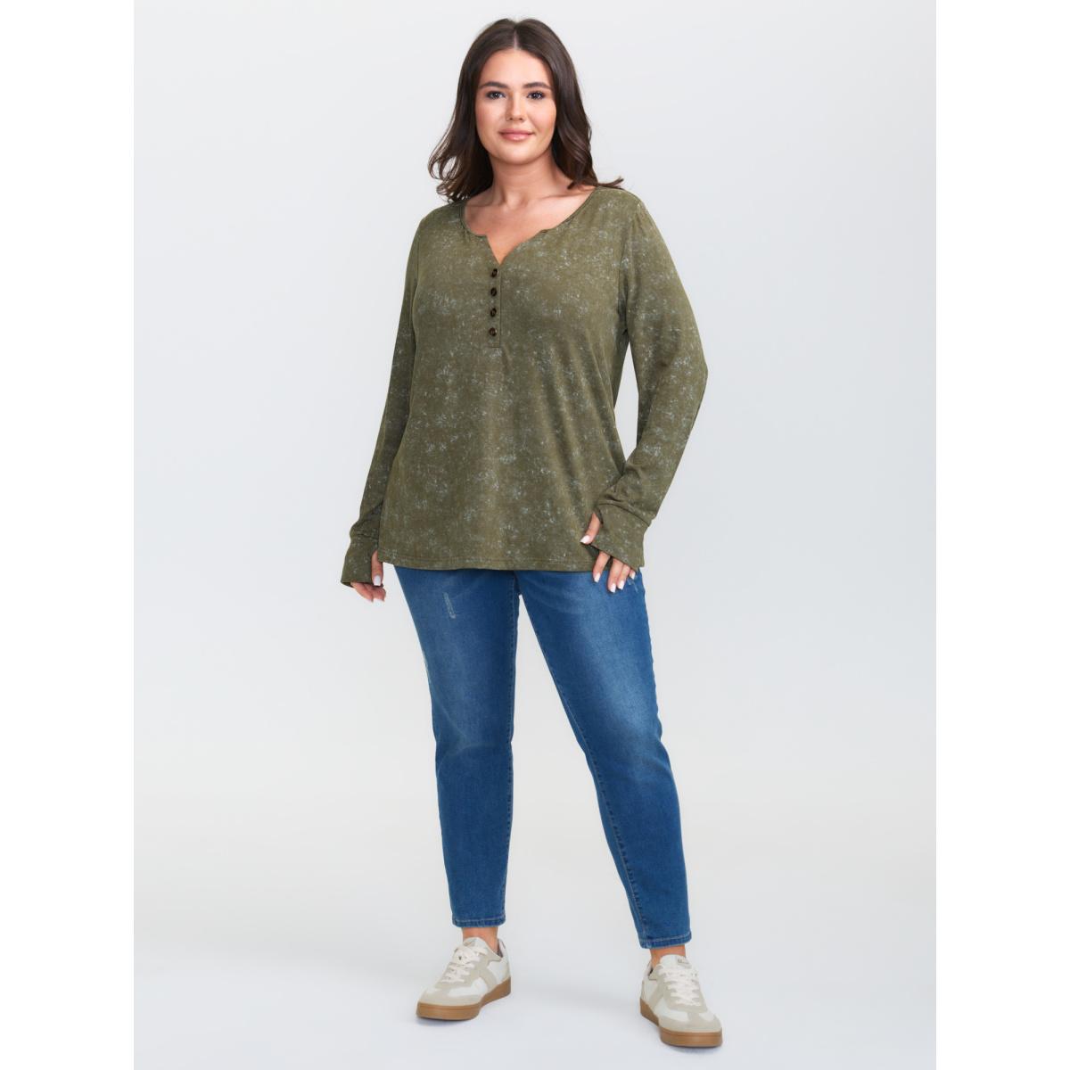 Plus Size Snowflake Effect Button Detail T-Shirt ArmyGreen Women Leisure Button Flat collar with V-notch Casual T-shirts BloomChic 22-24/3X Product Image