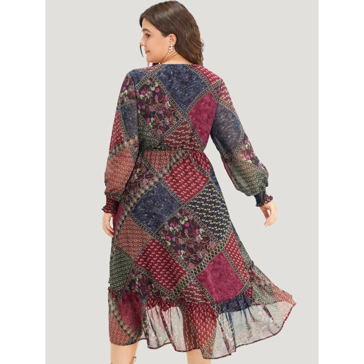 Plus Size Bandana Print Shirred Flutter Hem Dress Multicolor Women Vacation Elastic cuffs V-neck Long Sleeve Curvy Midi Dress BloomChic 18-20/2X Product Image