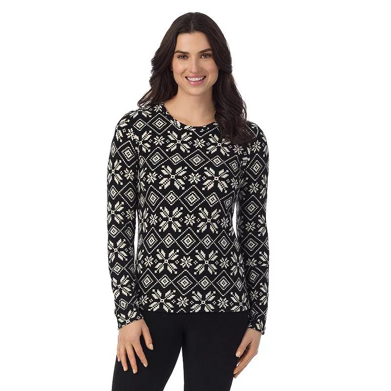 Women's Cuddl Duds® Fleecewear With Stretch Long Sleeve Top, Size: Large, Black White Snowflake Product Image