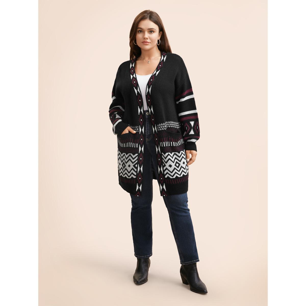 Plus Size Bandana Drop Shoulder Pocket Cardigan Black Women Casual Loose Long Sleeve Everyday Cardigans BloomChic 14-16/1X Product Image