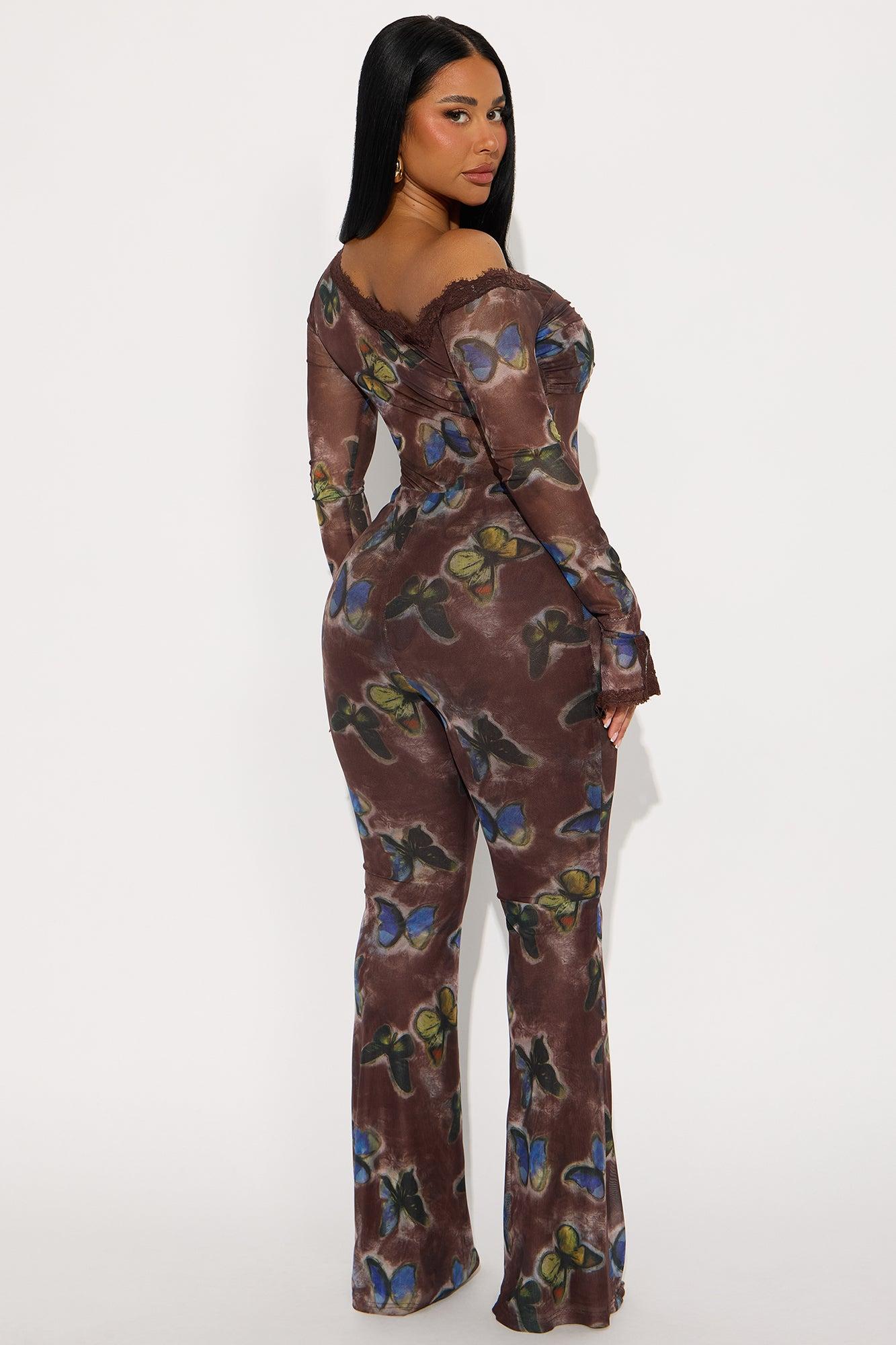 Sweet & Sexy Mesh Flare Jumpsuit - Brown/combo Female Product Image
