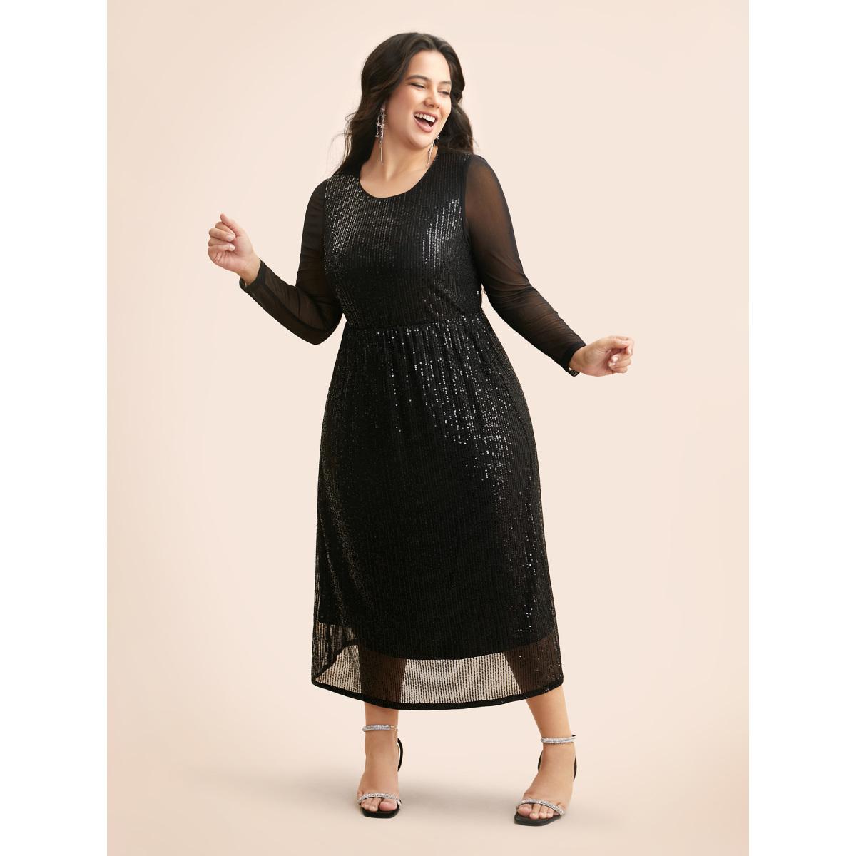 Plus Size Crew Neck Patchwork Sequin Mesh Dress Black Women Cocktail Texture Party Curvy Bloomchic 18-20/2X Product Image